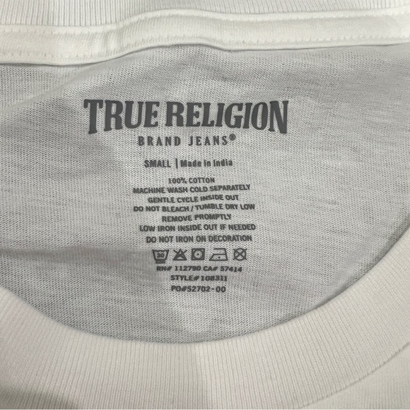 True Religion Men's Small Gold Metallic Foil Classic Logo Tee T-Shirt White - Picture 9 of 9